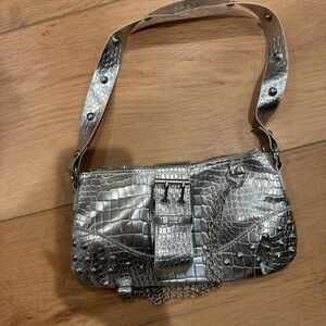 Silver Crocodile-Embossed Shoulder Bag